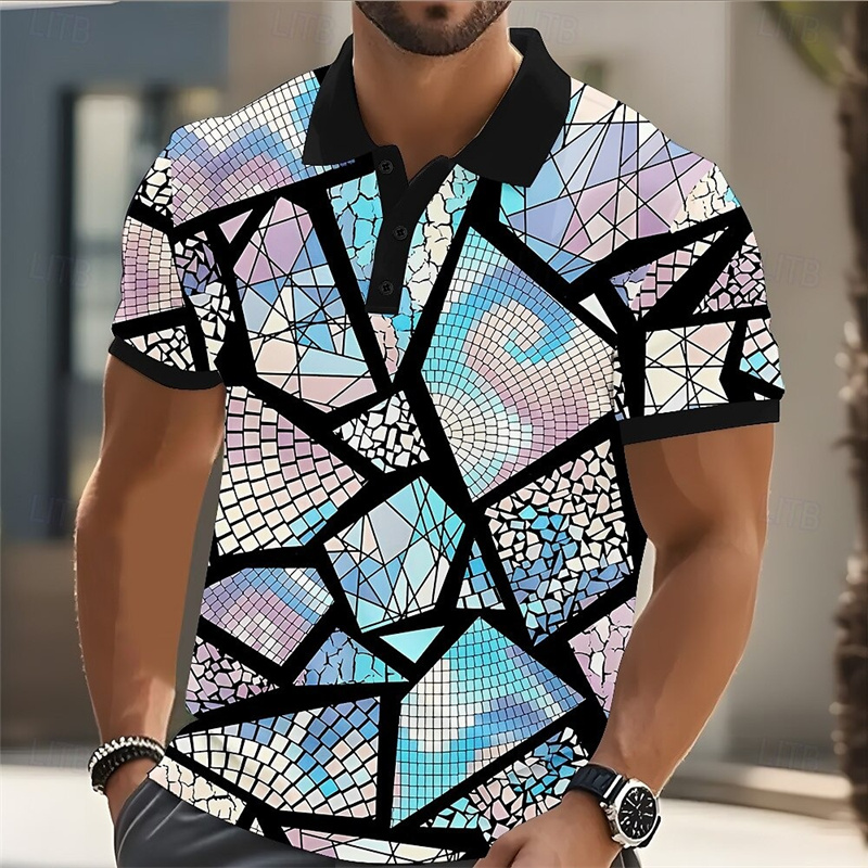 Street Fashion Men 2025 - 2025, Herren-Poloshirt, Golfshirt, Farbblockmuster, bedruckt, geometrische
